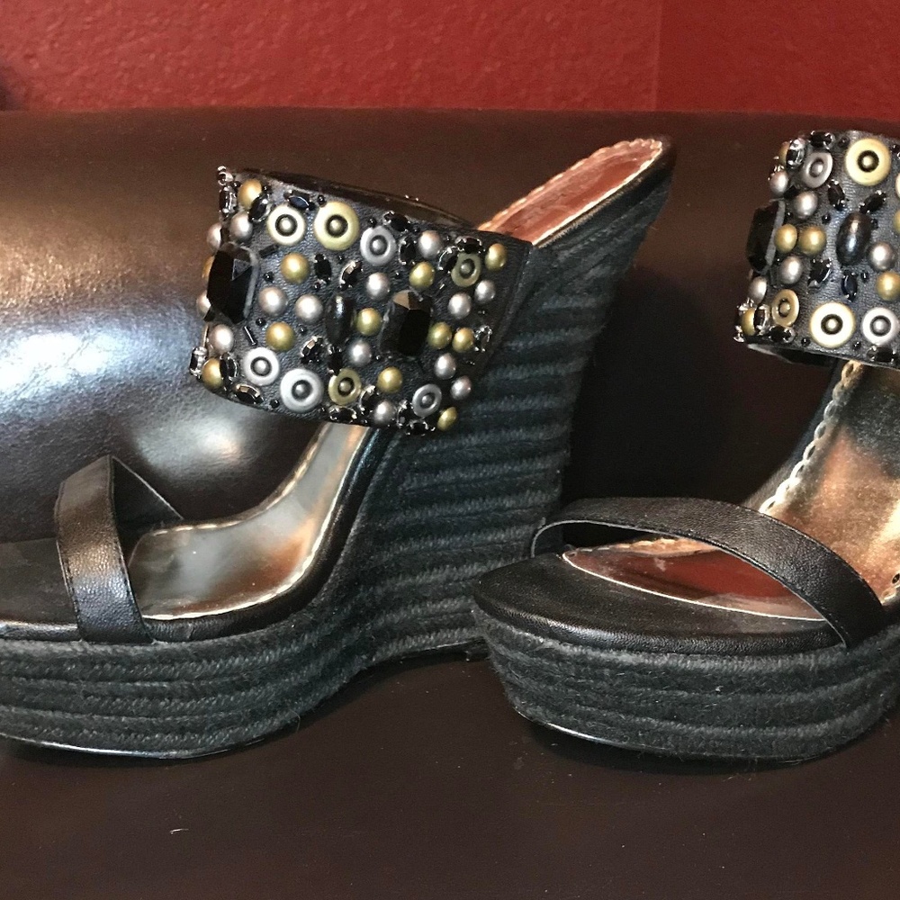 Bebe Black Wedge Embellished Sandal Size 10